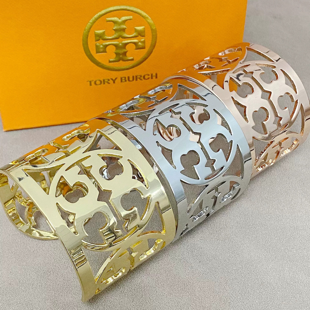 Tory Burch Bold Oversized Polished Hollow Letter Brass Gold Plated Bangle